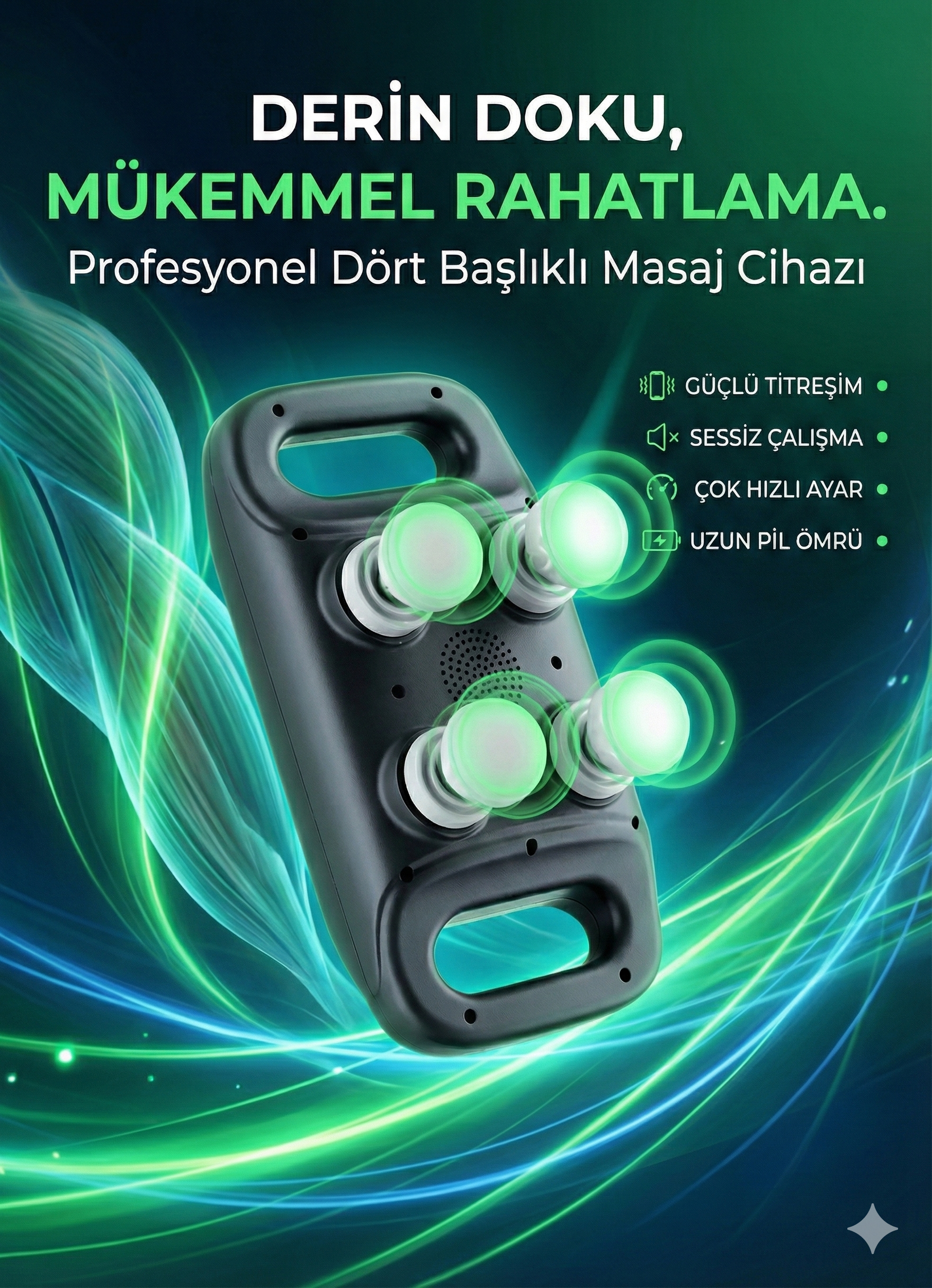 4 Başlıklı Masaj Tabancası - Ergonomik Derin Doku Sırt ve Boyun Masaj Aleti Ağrı ve Sızı Giderici