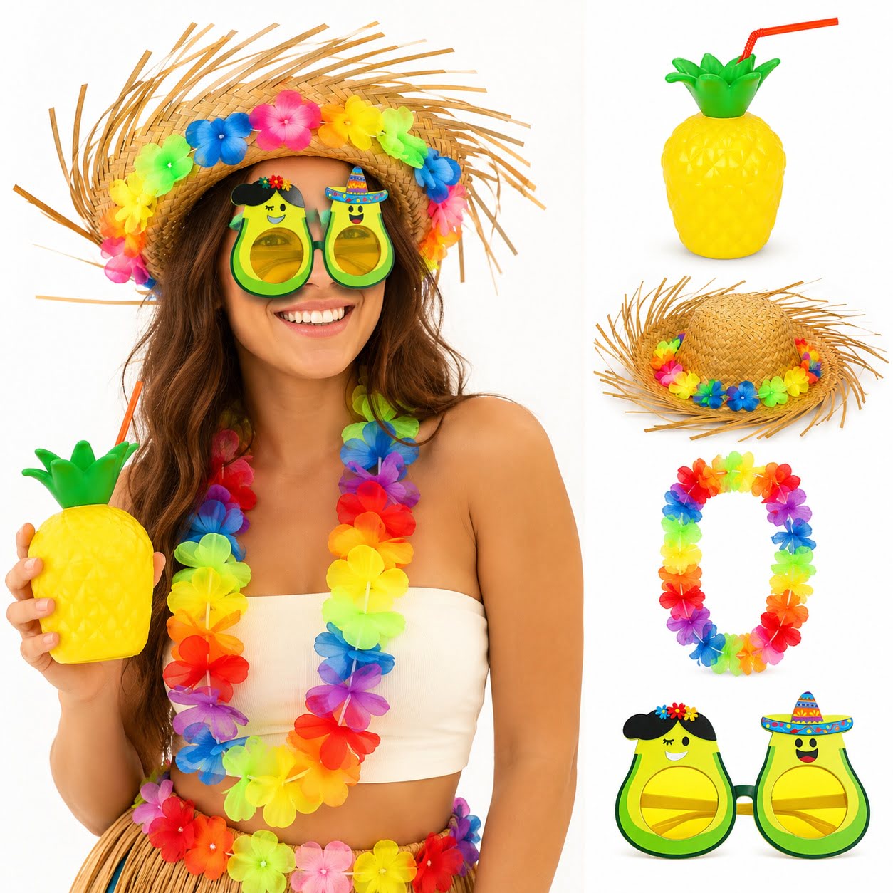 4 Parça Hawaii Parti Seti Ananas Bardak Hasır Şapka Avokado Gözlük Çiçek Kolye