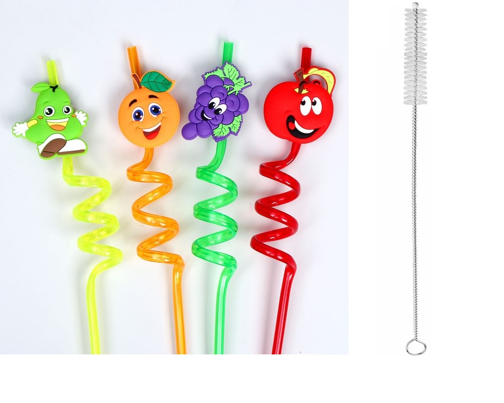 CLZ174 5 Parça Renkli Pipet Seti - Emojili Spiral Kokteyl- Çocuk Pipeti Temizleme Fırçalı