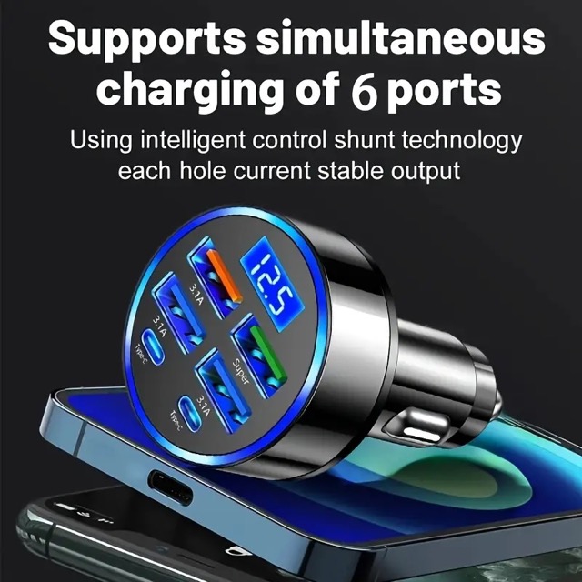 6 Portlu Hızlı Araç Şarj Cihazı – 4 USB + 2 Type-C Çıkışlı Dijital Göstergeli Oto Şarjı 6 Portlu Hızlı Araç Şarj Cihazı – 4 USB + 2 Type-C Çıkışlı Dijital Göstergeli Oto Şarjı