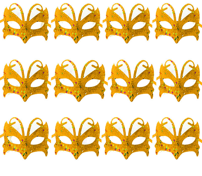 Altın Gold Renk Arkadan Bağlamalı Simli Parti Balo Maskesi 12 Adet (CLZ)