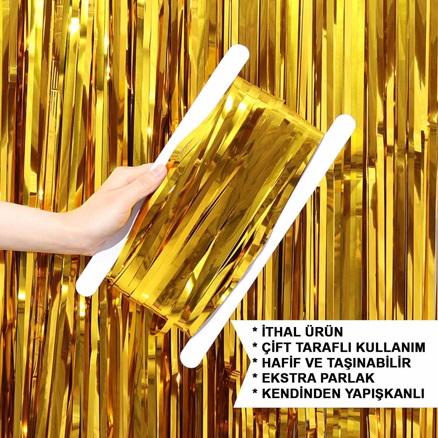 Altın Gold Renk Ekstra Metalize Parlak Saçaklı Arka Fon Perde İthal A Kalite 1x2 Metre (CLZ)