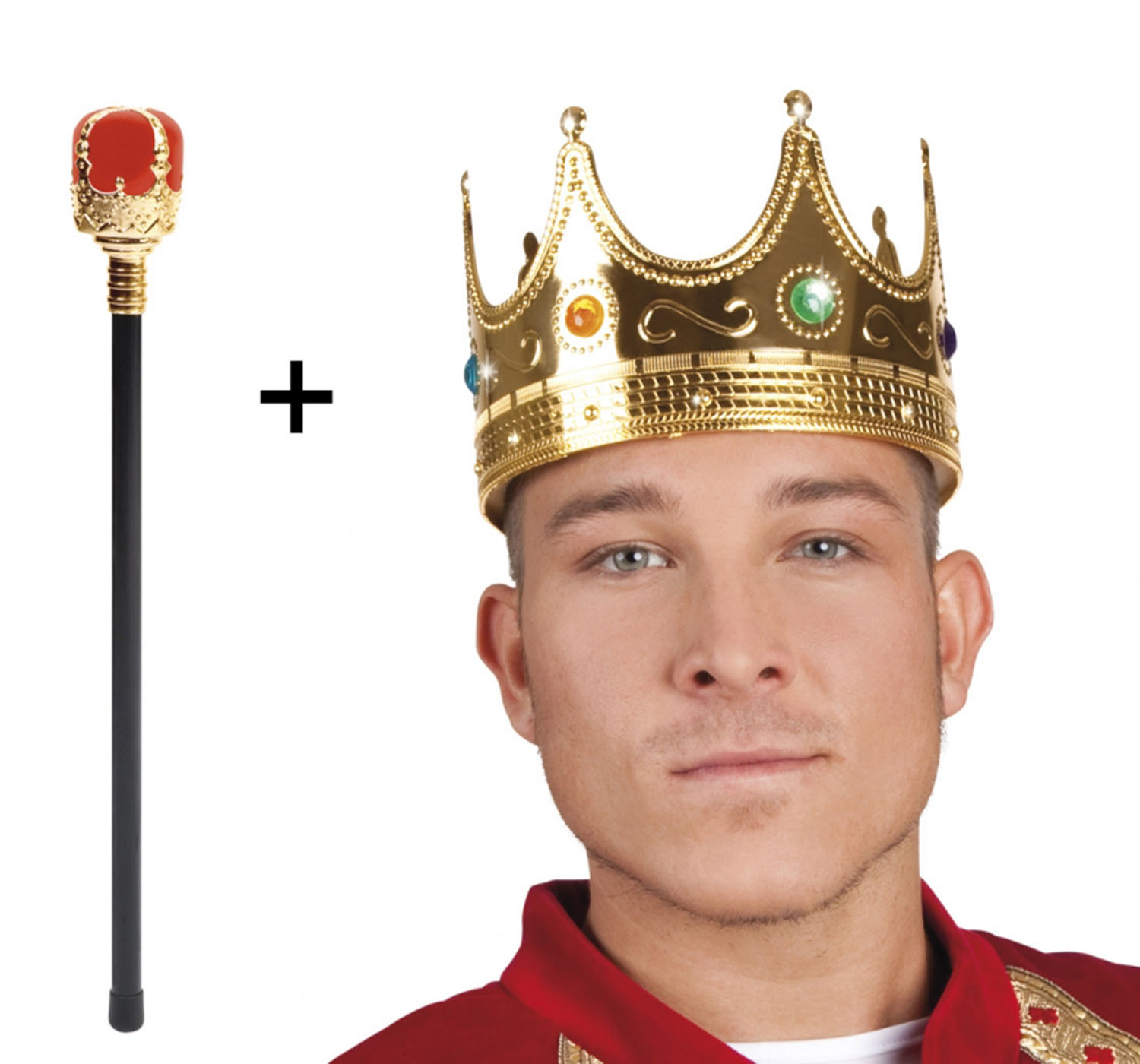 Altın Renk 60 cm Kral Tacı Kraliyet Tacı ve Kırmızı Topuzlu Kral Asası Seti (CLZ)