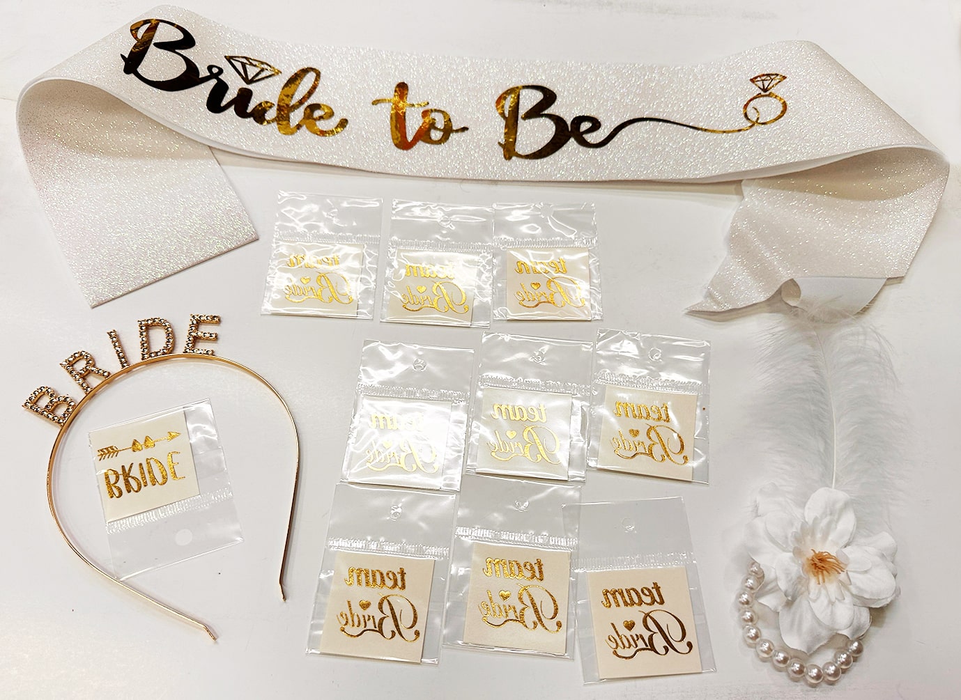 Altın Renk Bride Partisi Taç Kuşak Dövme Bileklik Seti Full 13 Parça (CLZ)