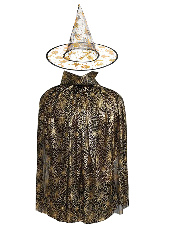 Altın Renk Cadı Şapkası ve Altın Renk Örümcek Ağ Baskılı Pelerin 130 cm (CLZ)
