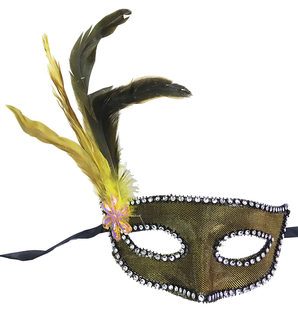Altın Renk Kumaş Kaplama Yandan Tüylü Yılbaşı Parti Maskesi (CLZ)
