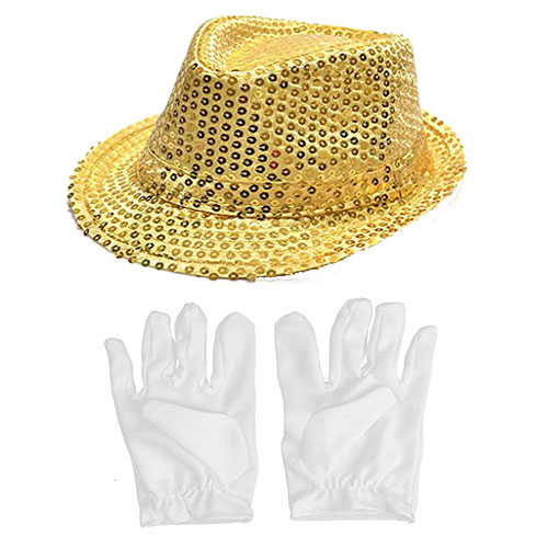 Altın Renk Payetli Çocuk Şapkası ve Beyaz Renk Çocuk Eldiveni (CLZ)