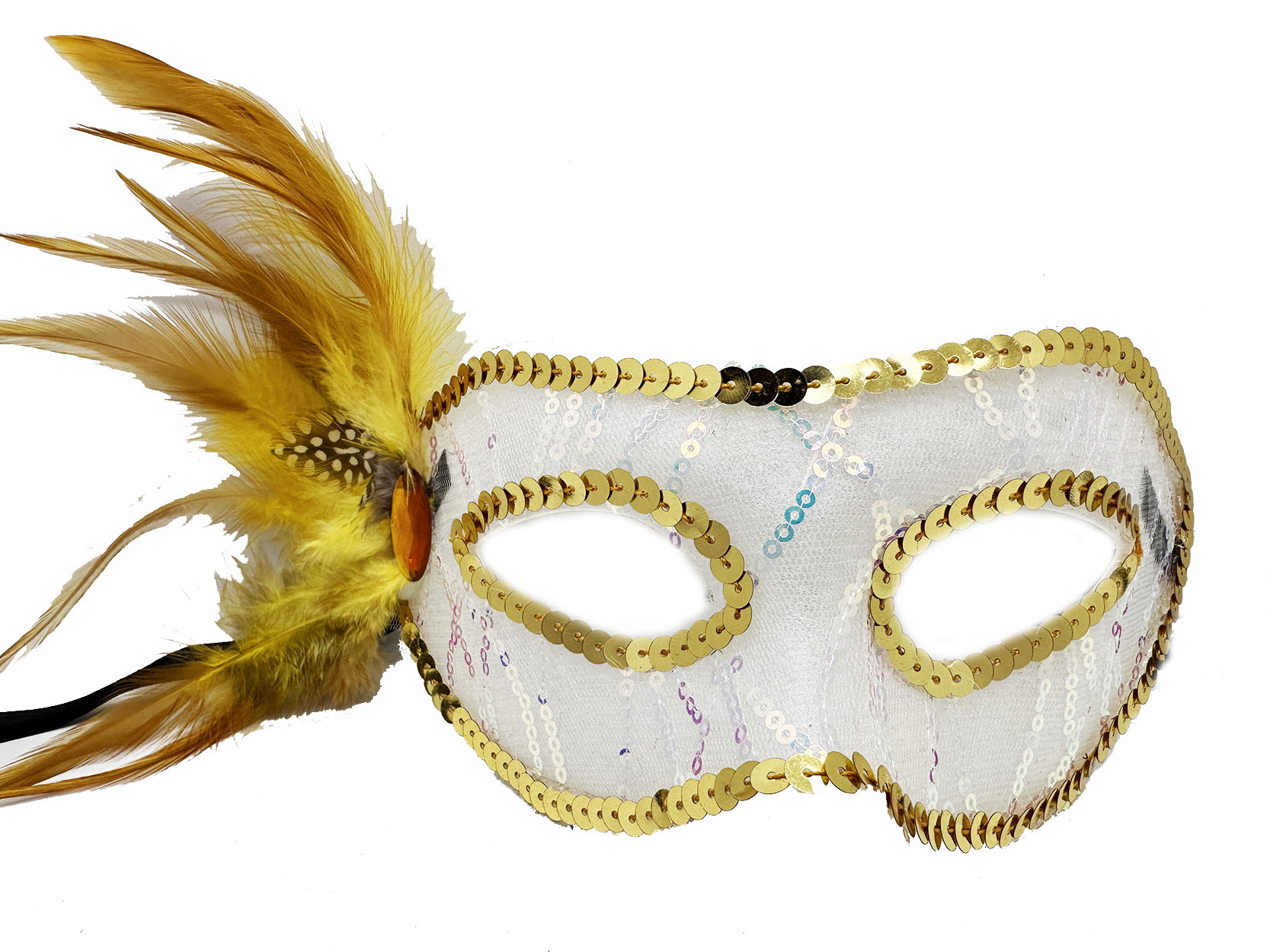 Altın Renk Yandan Tüylü Pul Payet İşlemeli Parti Maskesi 23x12 cm (CLZ)