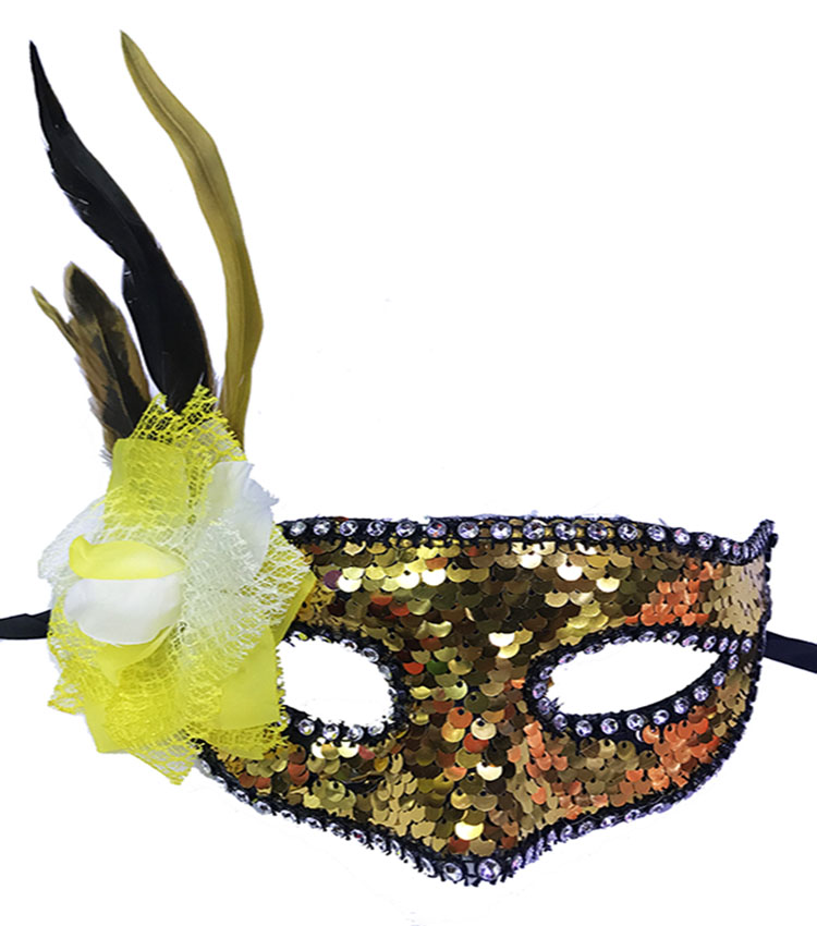 Altın Renk Yandan Tüylü Pullu Yılbaşı Parti Maskesi (CLZ)