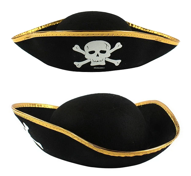 Altın Şeritli Siyah Renk Yayvan Denizci Korsan Şapkası Yetişkin 32x24 cm (CLZ)