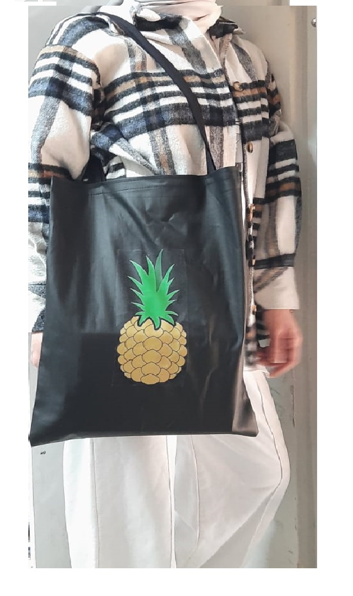 Ananas Detay Desenli Bez Çanta - Pazar Market Çantası - Kitap Çantası Siyah  (CLZ)