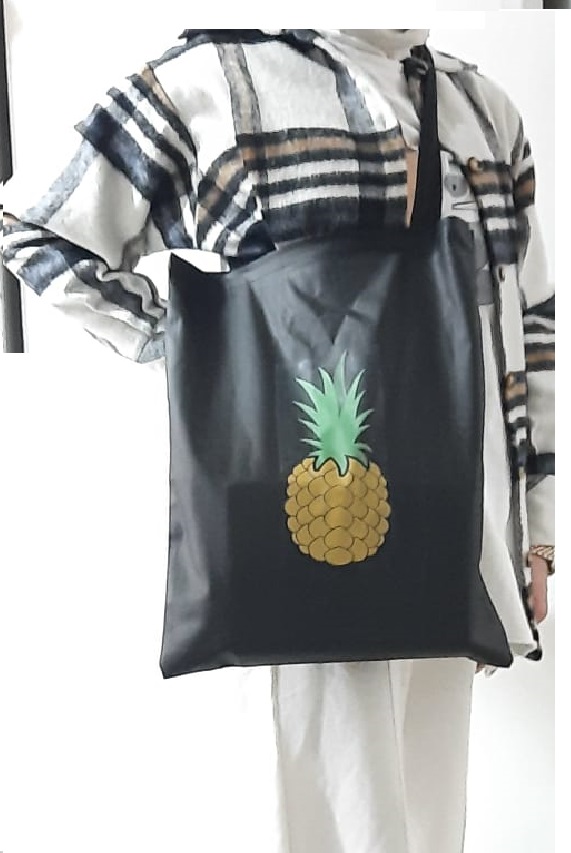 Ananas Detay Desenli Bez Çanta - Pazar Market Çantası - Kitap Çantası Siyah  (CLZ)