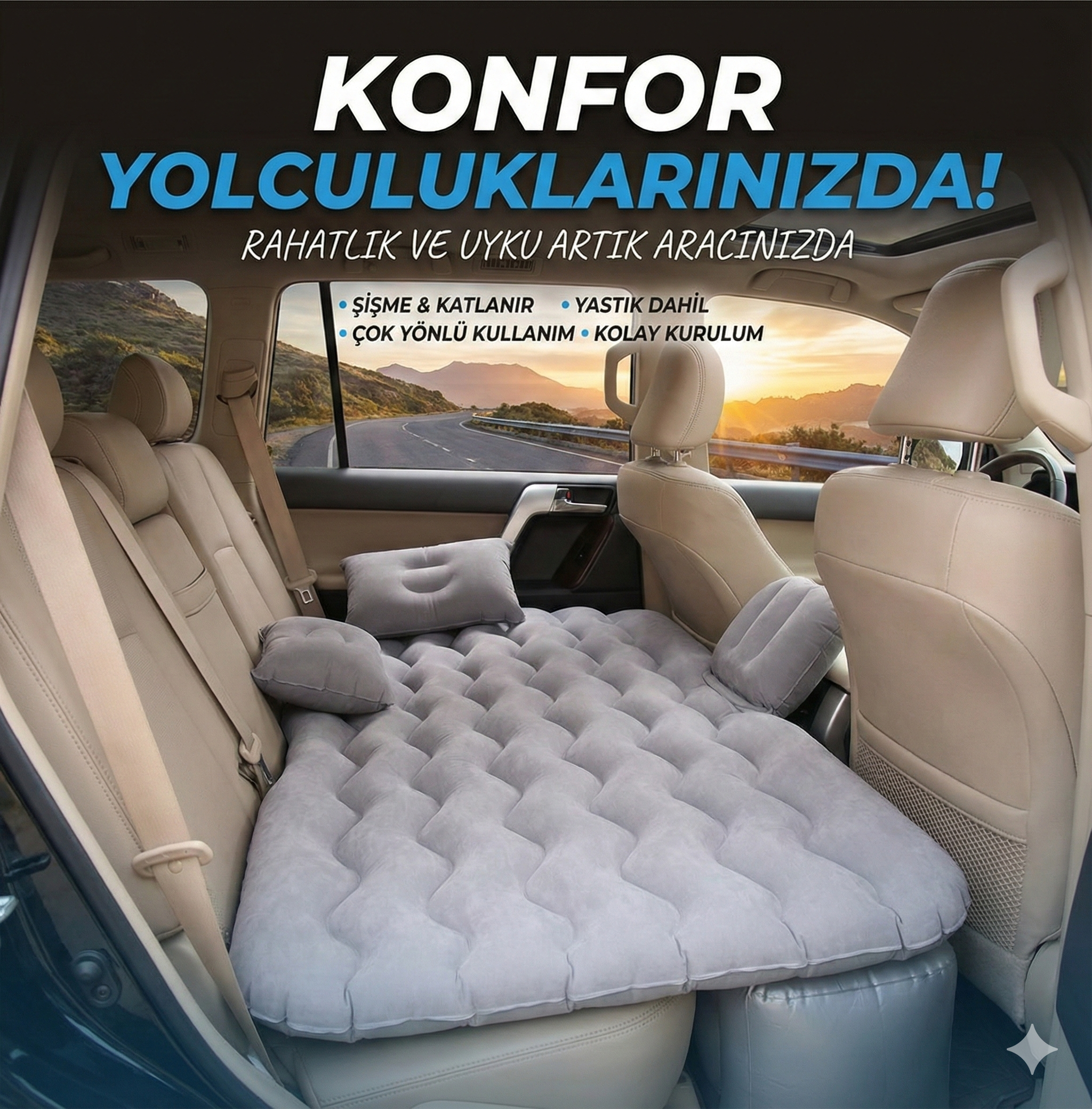 Araç İçi Şişme Yatak Araba Ve Kamp Yatağı Çanta Elektrikli Pompa Tamir Kiti Ve Yastıklı Yatak Seti