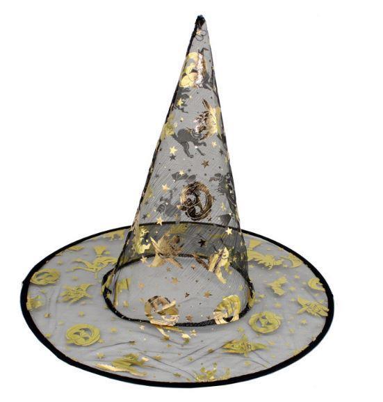 Balkabağı Figürlü Cadı Temalı Baskılı Çift Taraflı Altın Renk Şeffaf Cadı Şapkası  (CLZ)