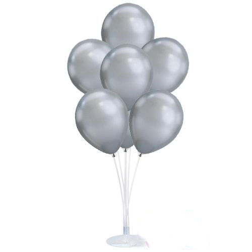 Balon Standı ve 10 Adet Sedefli Metalik Gümüş Balon Seti (CLZ)