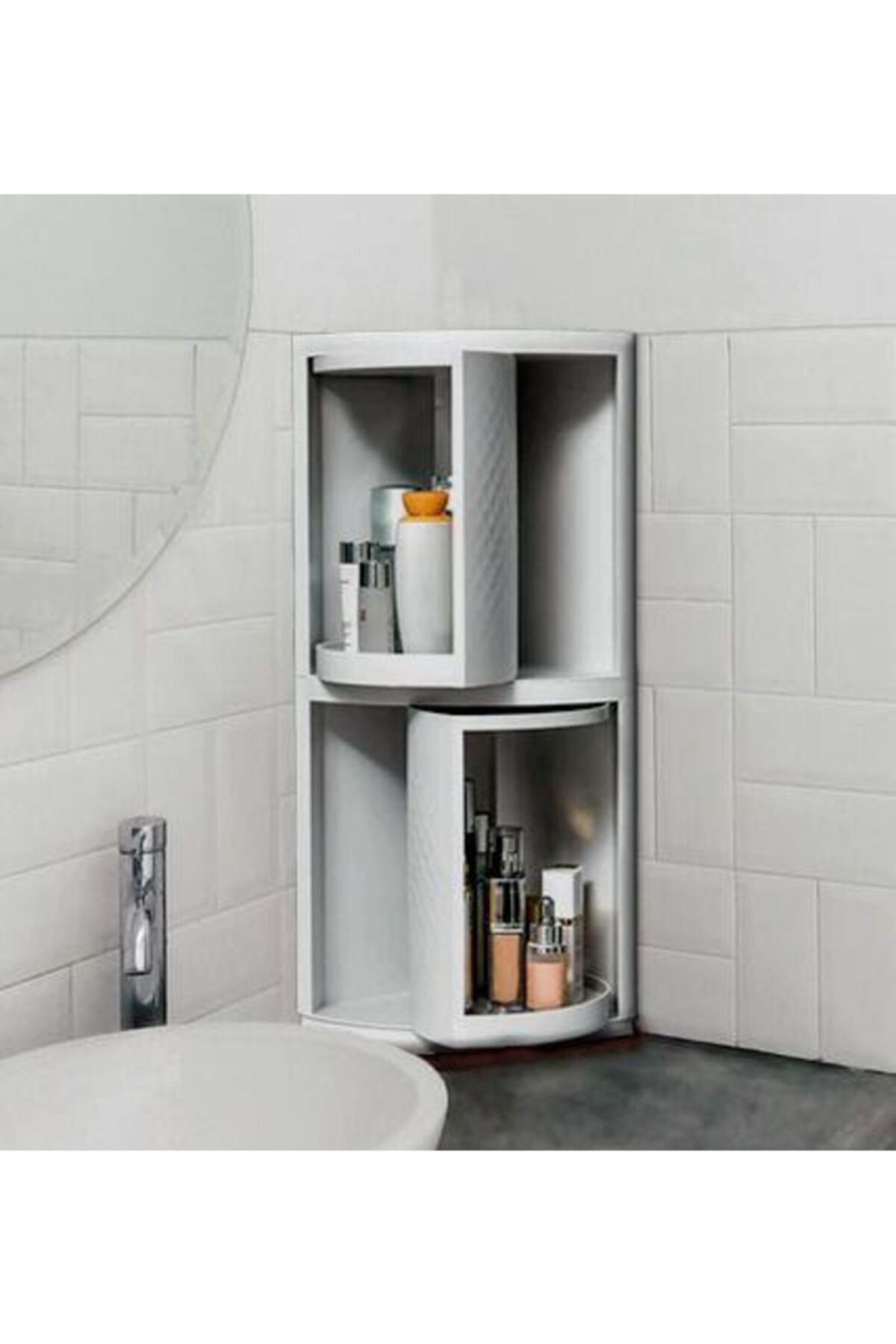 CLZ174 Banyo ve Mutfak Dolabı - 360 Derece Dönebilen Çok Amaçlı 2 Raflı Beyaz Köşe Dolap