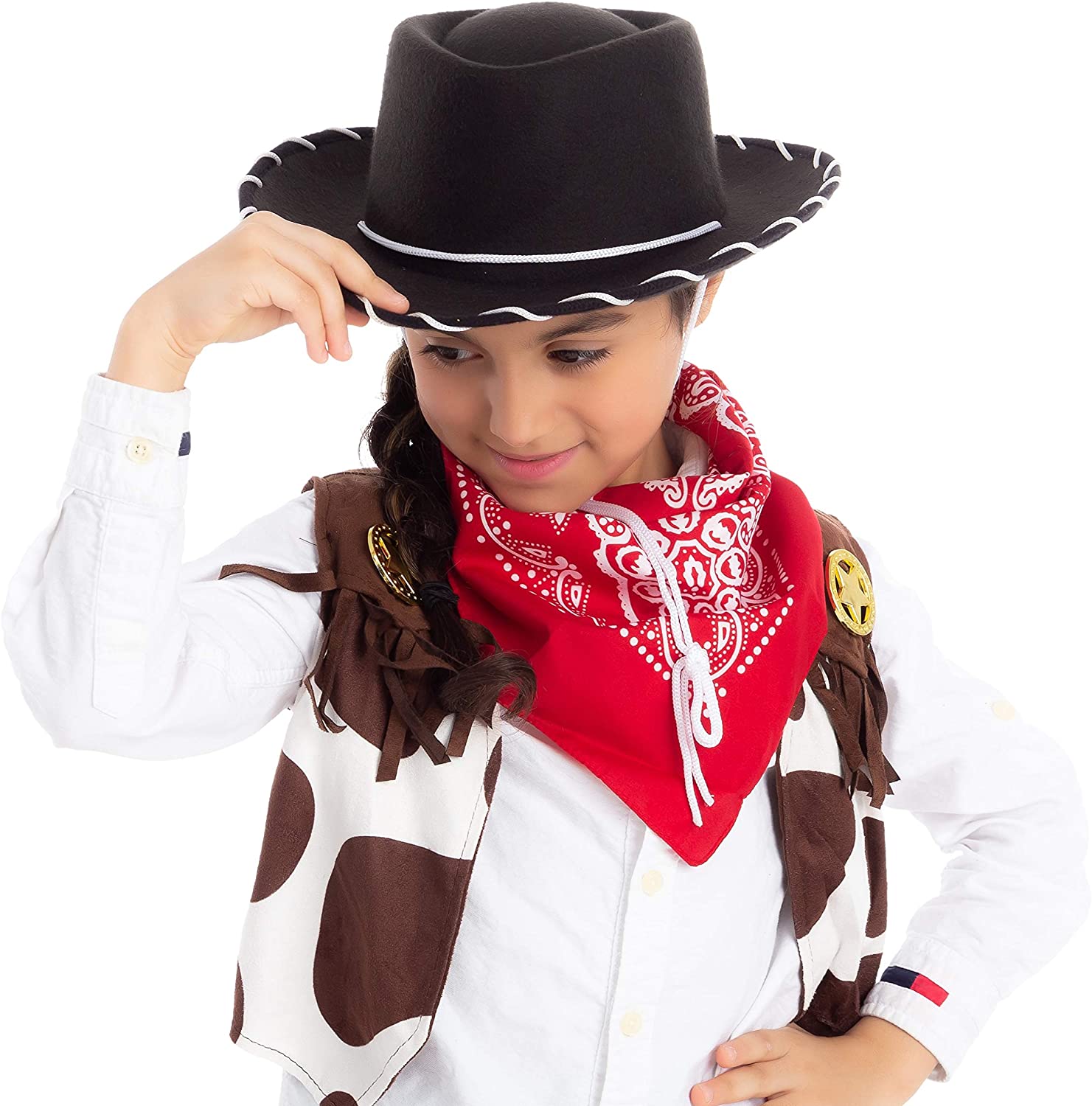 Beyaz Bağcıklı Siyah Renk Çocuk Kovboy Şapkası 1 Adet (CLZ)