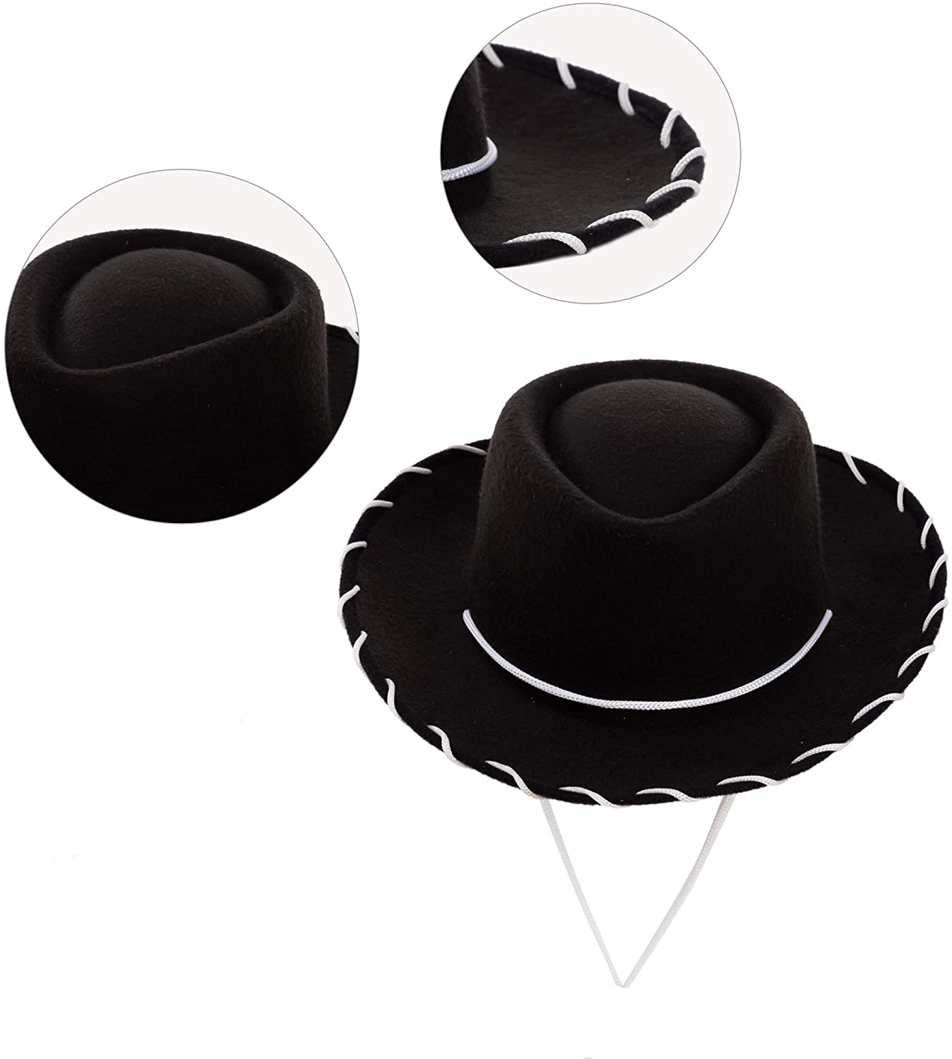 Beyaz Bağcıklı Siyah Renk Çocuk Kovboy Şapkası 1 Adet (CLZ)
