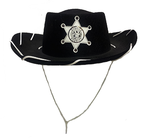 Beyaz Bağcıklı Siyah Renk Şerif Rozet Baskılı Kovboy Şapkası Çocuk Boy (CLZ)