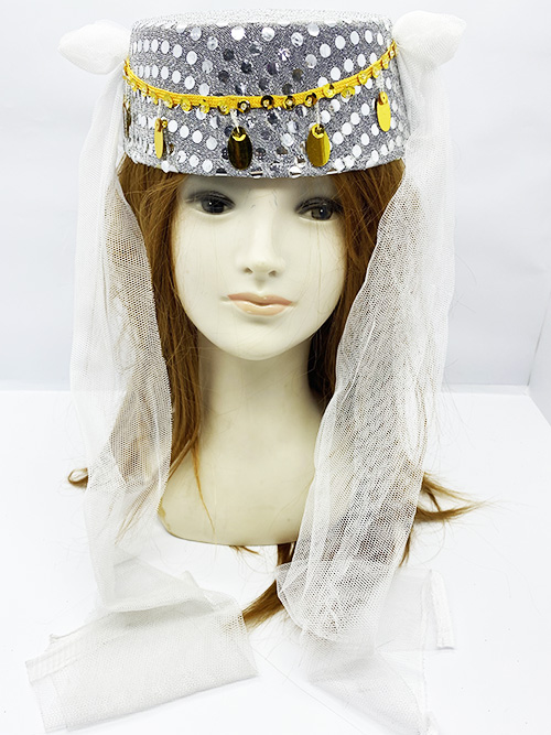 Beyaz Duvaklı Altın Pul İşlemeli Kına Fesi Kına Şapkası Oryantal Şapkası (CLZ)