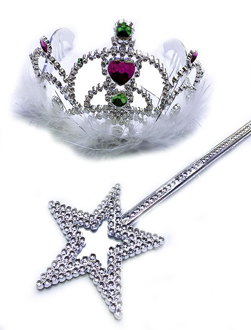 Beyaz Tüylü Metalize Kalp Taşlı Prenses Tacı ve Prenses Yıldız Asa (CLZ)