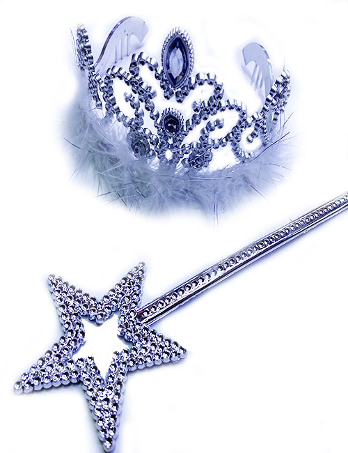 Beyaz Tüylü Metalize Taşlı Prenses Tacı ve Prenses Yıldız Şekilli Asası  (CLZ)