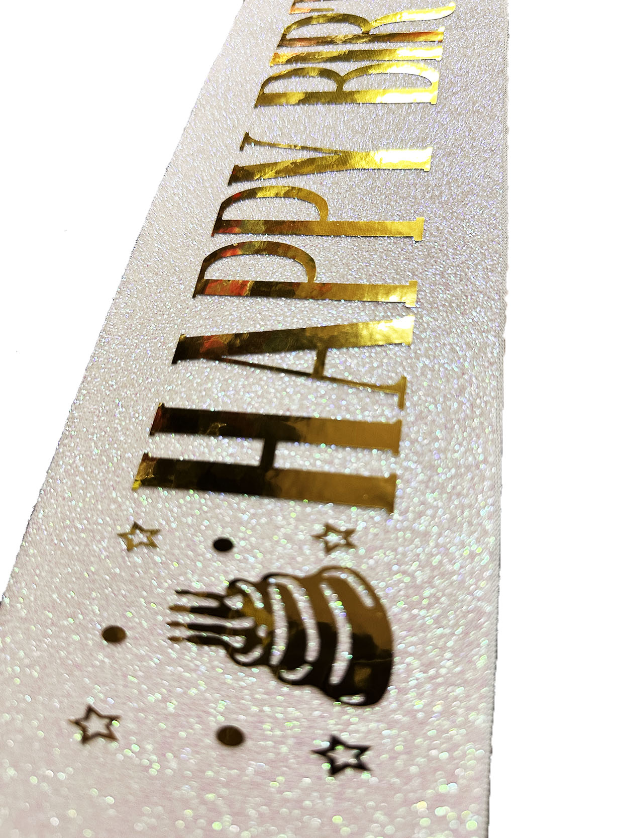 Beyaz Üzeri Altın Büyük Happy Birthday Yazılı Simli Işıltılı Kuşak Kemer 10 cm Genişlik (CLZ)