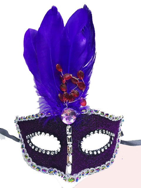 Boncuk İşlemeli Dantelli Mor Tüylü Yılbaşı Parti Maskesi Mor Renk (CLZ)