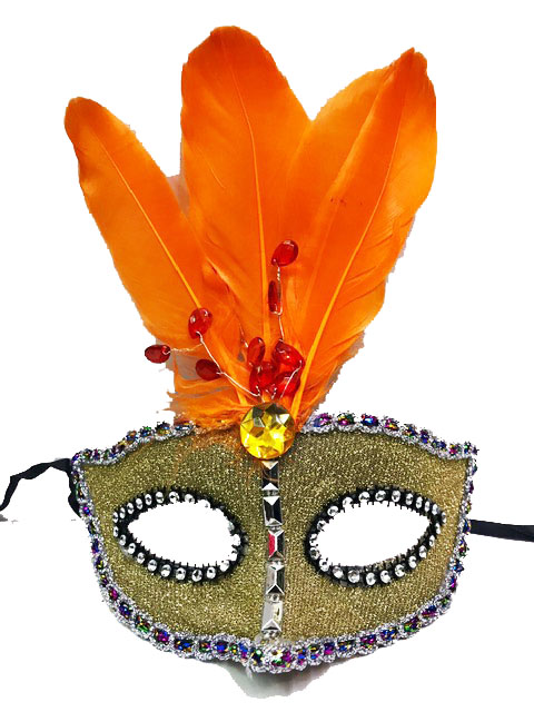 Boncuk İşlemeli Dantelli Turuncu Tüylü Yılbaşı Parti Maskesi Gold Renk (CLZ)