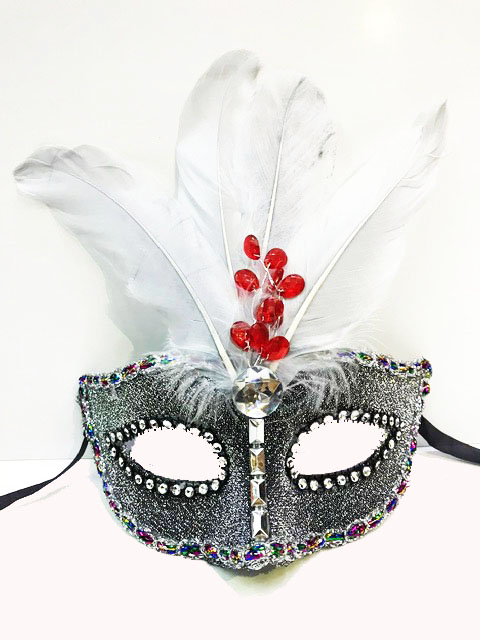 Boncuk İşlemeli Dantelli Tüylü Yılbaşı Parti Maskesi Gümüş Renk (CLZ)