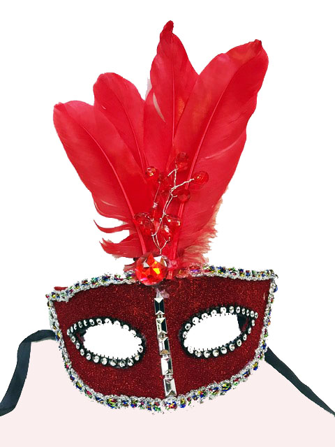 Boncuk İşlemeli Dantelli Tüylü Yılbaşı Parti Maskesi Kırmızı Renk (CLZ)