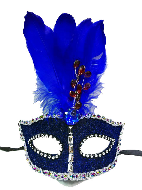 Boncuk İşlemeli Dantelli Tüylü Yılbaşı Parti Maskesi Mavi Renk (CLZ)