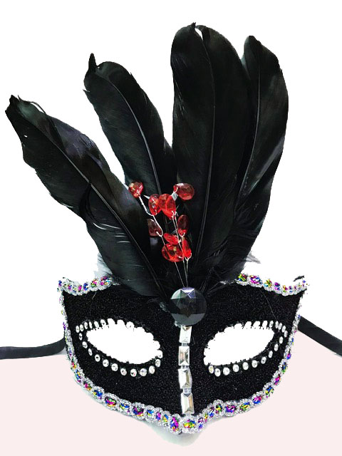 Boncuk İşlemeli Dantelli Tüylü Yılbaşı Parti Maskesi Siyah Renk (CLZ)