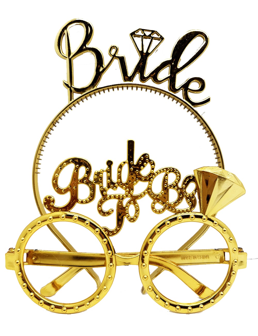 Bride Yazılı Taç ve Bride To Be Yazılı Gözlük Seti Altın Renk  (CLZ)