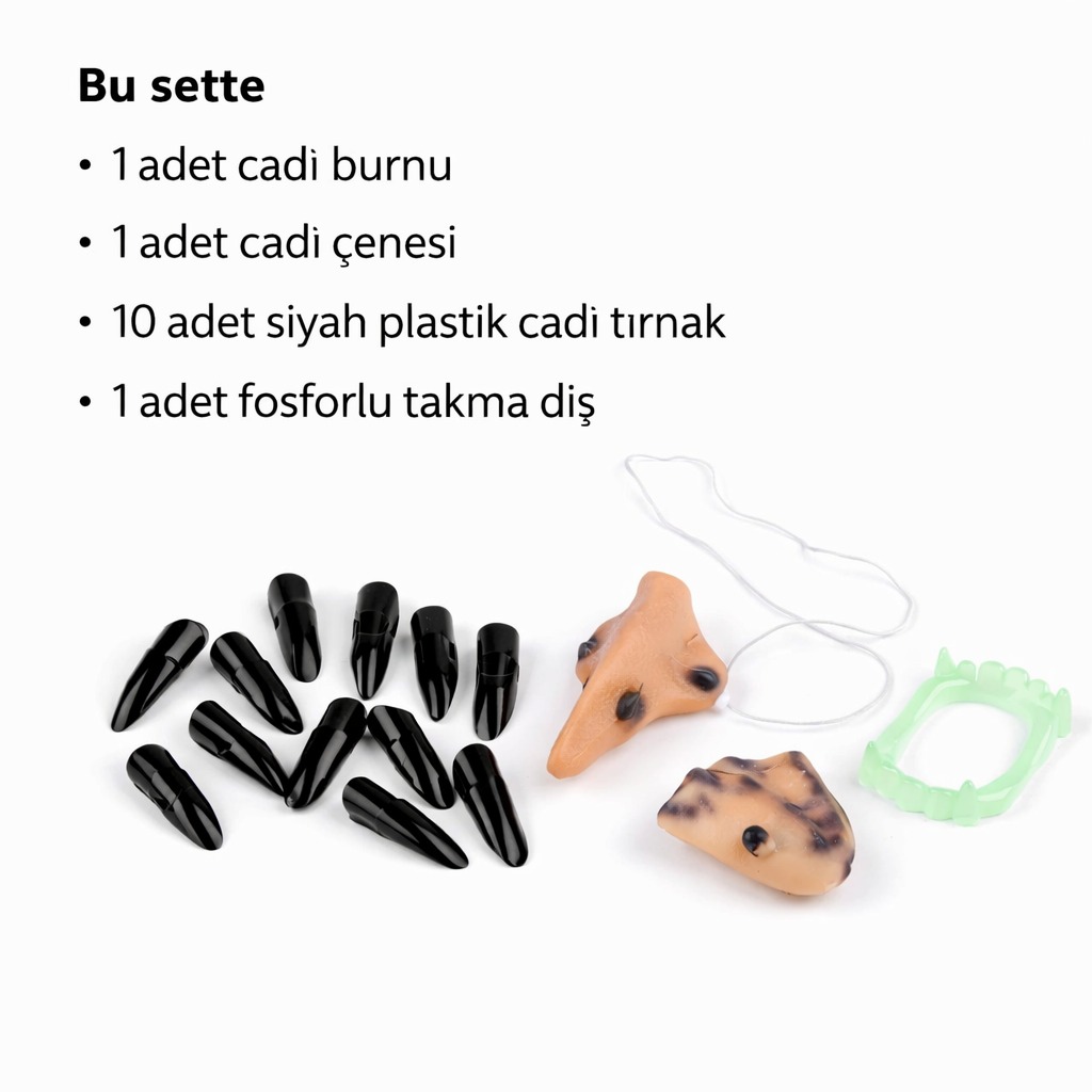 Cadı Aksesuar Seti – Burun, Çene, Fosforlu Diş ve 10 Adet Siyah Tırnak Cadı Aksesuar Seti – Burun, Çene, Fosforlu Diş ve 10 Adet Siyah Tırnak
