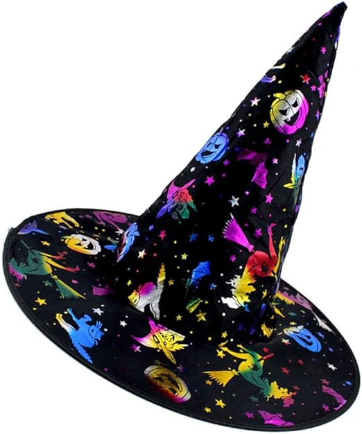 Cadı Şapkası Siyah Üzeri Rengarenk Balkabağı Cadı Figür Baskılı 38x34 cm (CLZ)