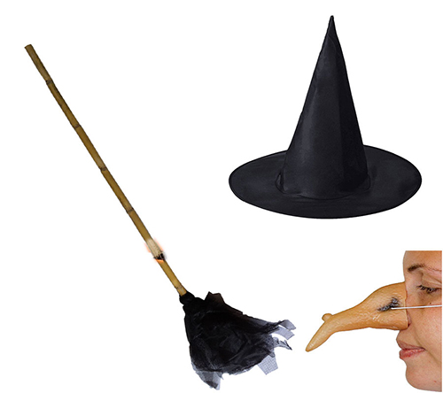 Cadı Süpürgesi - Siyah Cadı Şapkası - Cadı Burnu - 3 lü Set (CLZ)