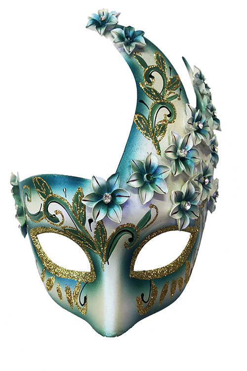 Çiçekli Orjinal Masquerade Harem Maskesi El İşlemeli Mavi Renk (CLZ)