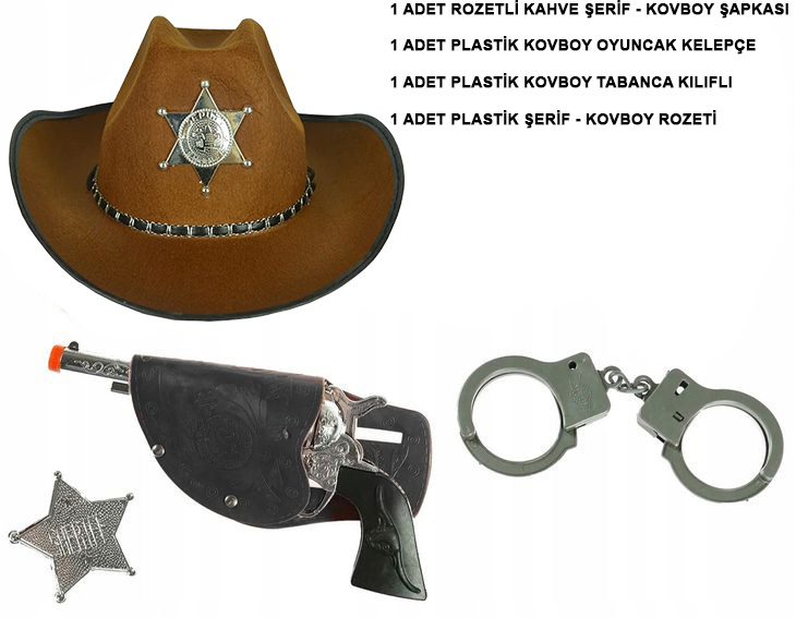 Çocuk Boy Kahverengi Şerif-Kovboy Şapka Tabanca Rozet ve Kelepçe Seti 4 Parça (CLZ)