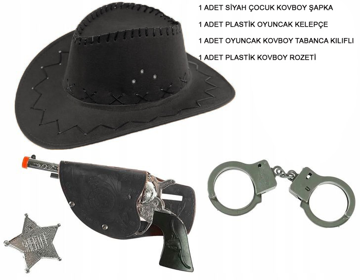 Çocuk Boy Siyah Kovboy Şapka Tabanca Rozet ve Kelepçe Seti 4 Parça (CLZ)