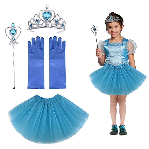 Çocuk Elsa Kostümü Elsa Eteği Eldiveni Tacı ve Asası 4 lü Set (CLZ)