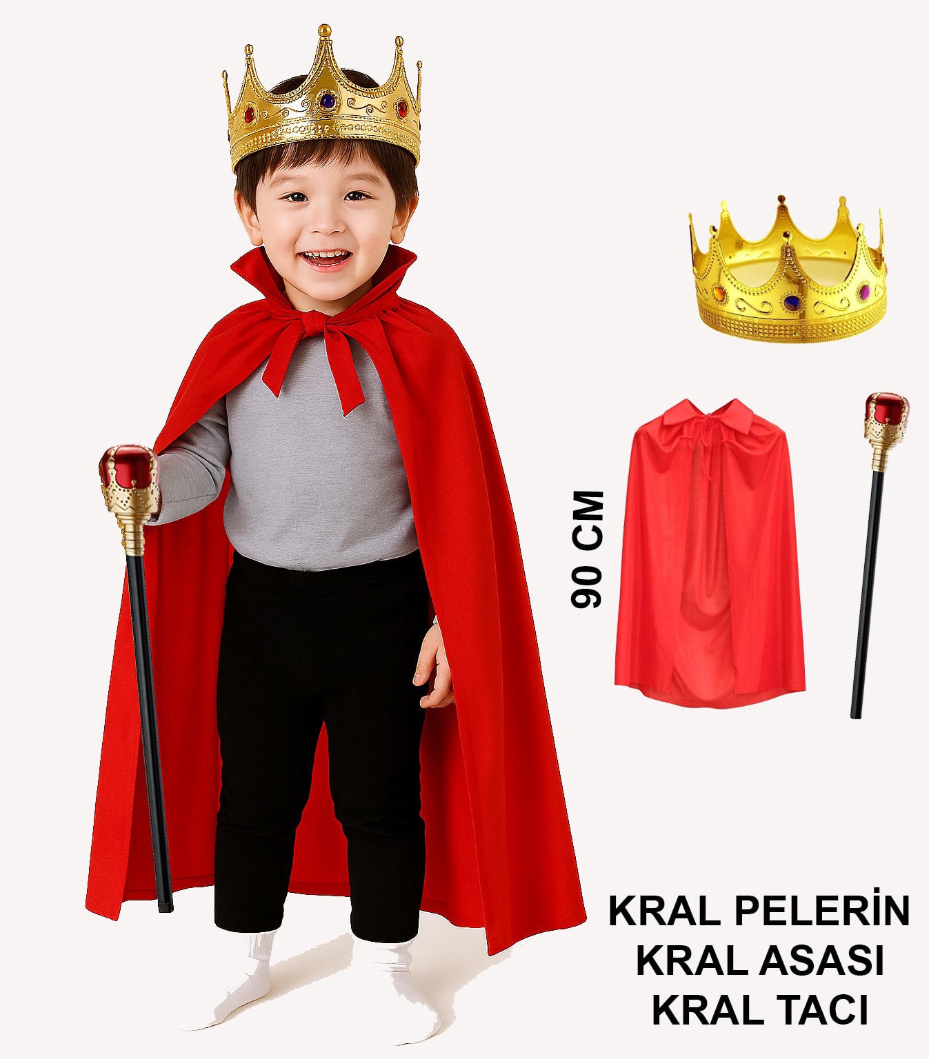 Çocuk Kral Kostüm Seti – Kırmızı Pelerin, Taç ve Asa (90 cm) Çocuk Kral Kostüm Seti – Kırmızı Pelerin, Taç ve Asa (90 cm)