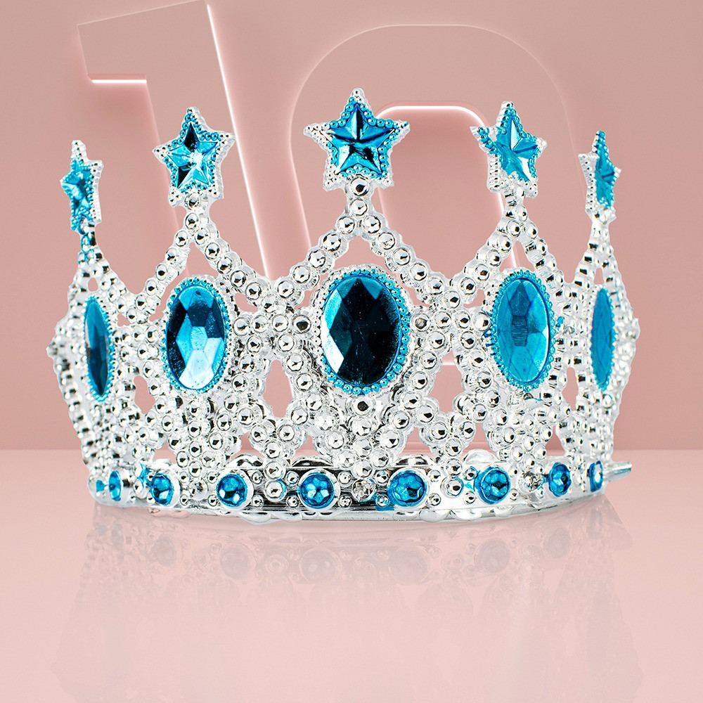 Çocuk Kraliçe Tacı - Mavi Yıldız İşlemeli Prenses Tacı 15x7 cm (CLZ)