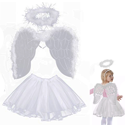 Çocuk Peri Kostümü Beyaz - Peri Kanadı Eteği Tacı 3 Parça Kostüm Set (CLZ)