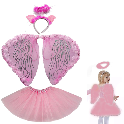 Çocuk Peri Kostümü Pembe - Peri Kanadı Eteği Işıklı Tacı 3 Parça Kostüm Set (CLZ)