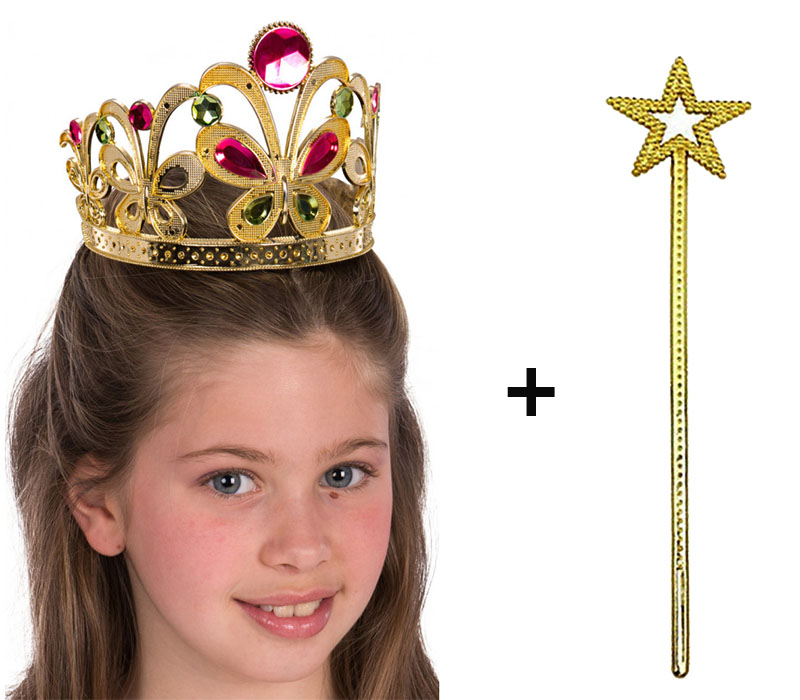Çocuklar İçin Kraliçe Tacı - Çocuk Prenses Tacı ve Prenses Sopası Değneği Altın Renk (CLZ)