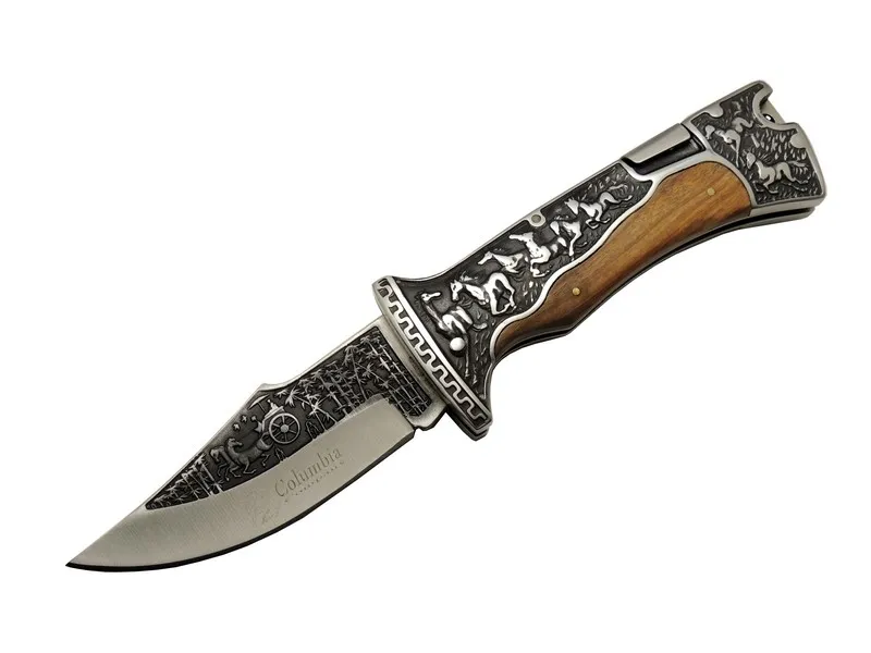 Columbia A3189C Kahve Kamp Çakısı 23cm- Manuel, At İşlemeli Ahşap Sap, Özel Kutulu, Kılıflı