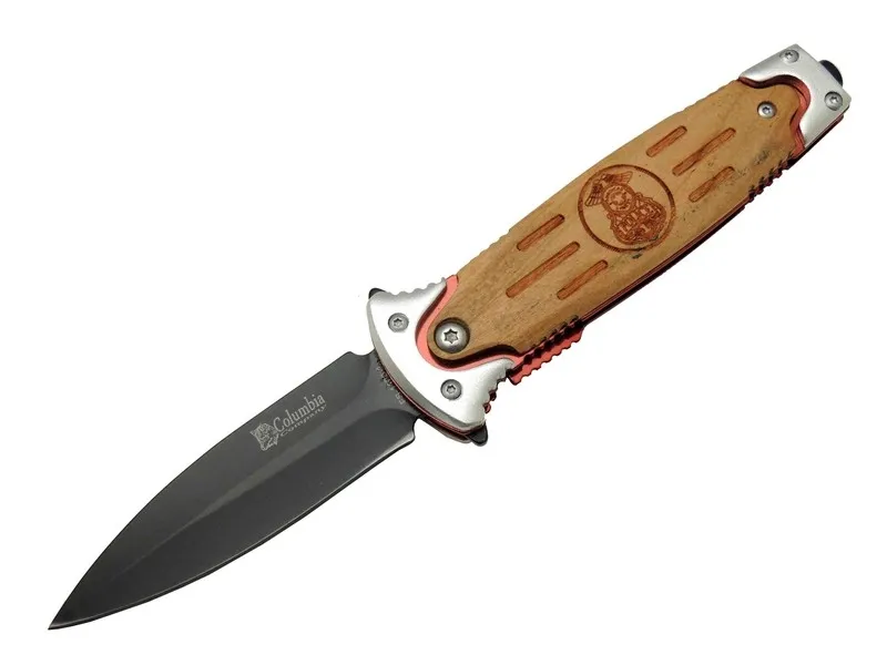 Columbia FS 11031 Kahverengi Kamp Çakı 20cm- Police İşlemeli, Ahşap Sap, Kemerlikli, Cam Kırma Aparatlı