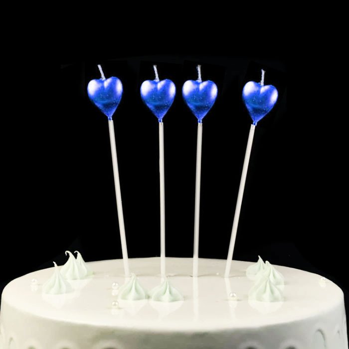 Çubuklu Metalize Kalp Mum Doğum Günü Mumu Mavi 4 Adet (CLZ)