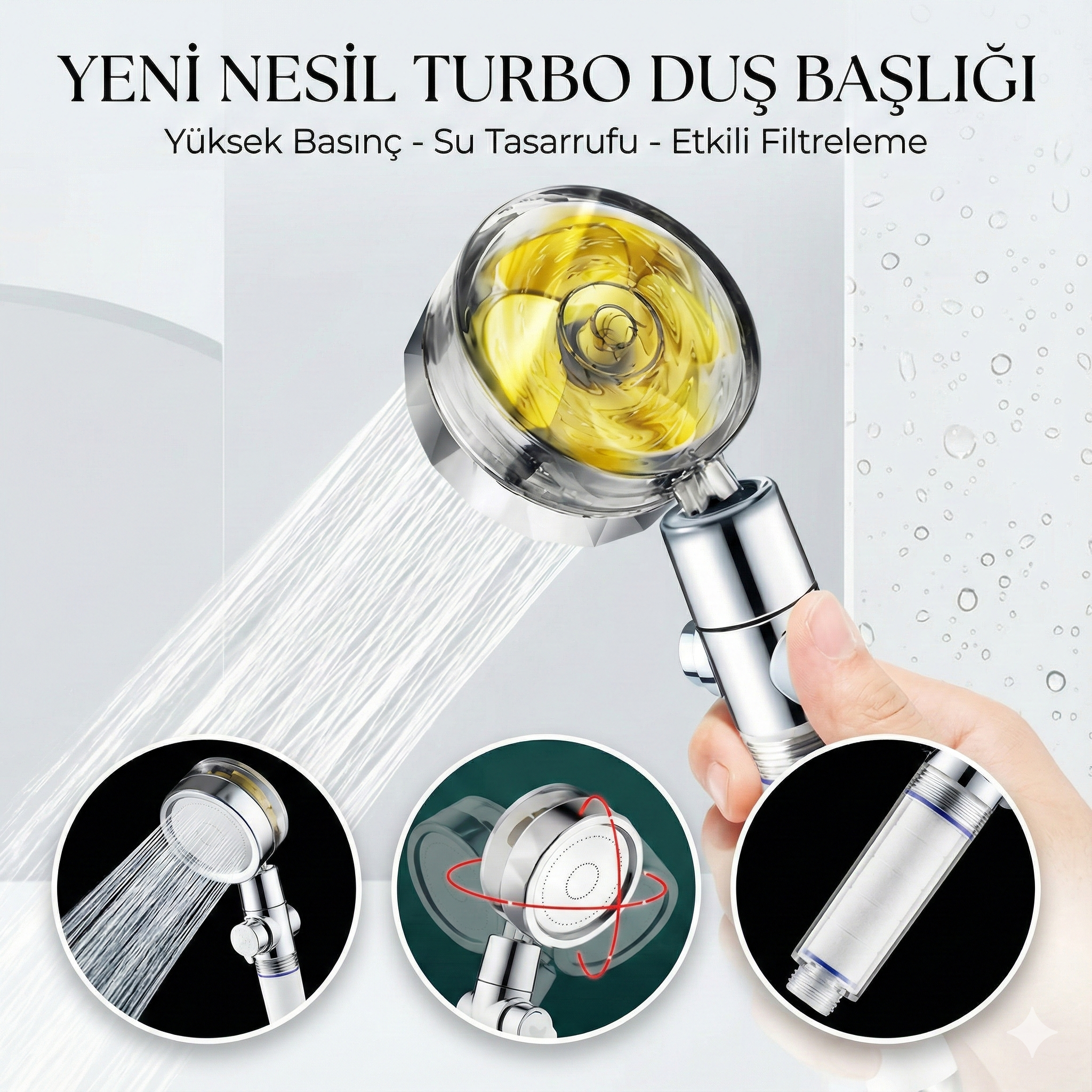 Duş Başlığı Turbo Pervaneli Serinletici Tasarım